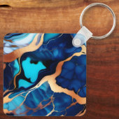 Porte-clés Bleu tendance en or faux marbre (Verso)