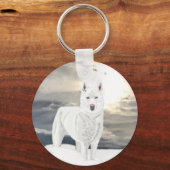 Porte-clés Bleu yeux, blanc Husky, dans la neige avec ciel ar (Verso)