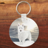 Porte-clés Bleu yeux, blanc Husky, dans la neige avec ciel ar (Recto)