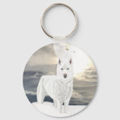 Porte-clés Bleu yeux, blanc Husky, dans la neige avec ciel ar (Verso)