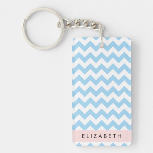 Porte-clés Bleu Zigzag, Bleu Chevron, Vague Motif, Votre Nom (Devant)