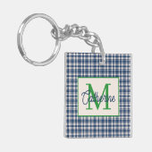 Porte-clés Blue and Green Gingham Plaid Tartan Monogram (Devant gauche)