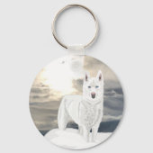 Porte-clés Blue eyed, white Husky, in snow (Verso)