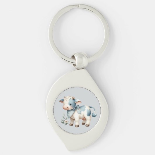Porte-clés Blue Gingham Baby Cow Pastel Farm Aesthetic (Devant)