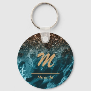 Porte-clés Blue Marble rose gold glitter Mongram personalized