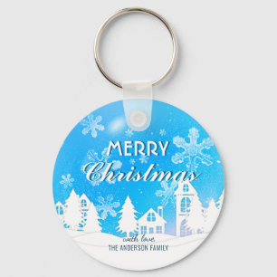 Porte-clés Blue White House Snowflakes Noël Bonne année