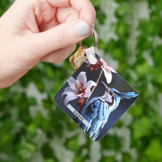 Porte-clés Bluejay et Fleurs Nom personnalisé (main)