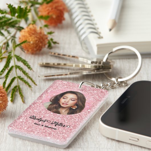 Porte-clés Blush Glitter hair salon elegant script photo (Devant droit)