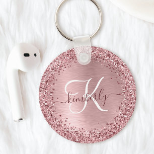 Porte-clés Blush Pink Brushed Metal Glitter Monogram Name