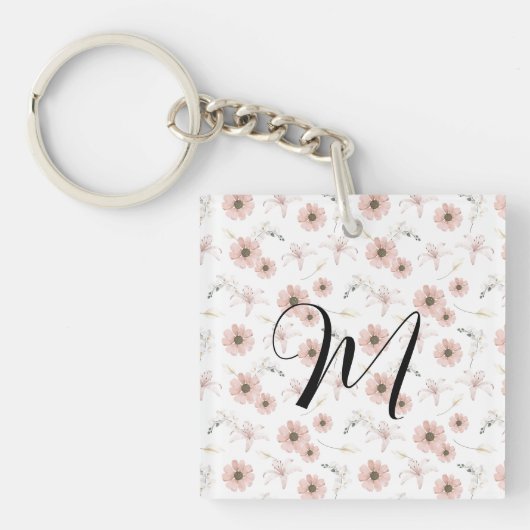 Porte-clés Blush Rose Fleurs Art Monogramme Aquarelle (Devant)