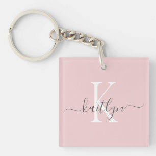 Porte-clés Blush Rose Gris Nom Initial Monogramme