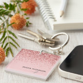 Porte-clés Blush Rose Pailleté Monogramme Simple Nom (Devant Droit)