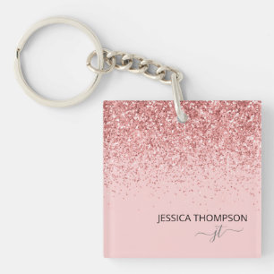 Porte-clés Blush Rose Pailleté Monogramme Simple Nom