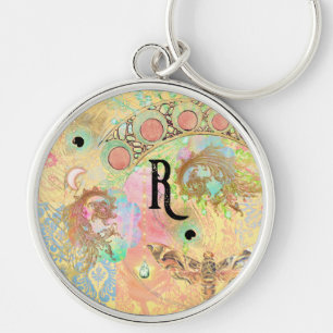 Porte-clés Bohème vintage damassé plumes hippie chic pastel