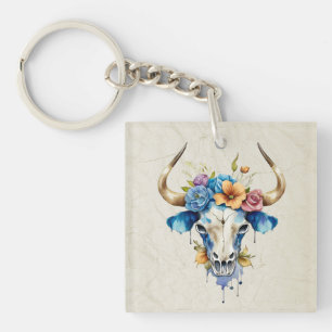 Porte-clés Boho Chic Aquarelle Florale Vache Crâne