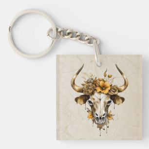 Porte-clés Boho Chic Aquarelle Florale Vache Crâne