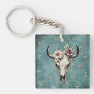 Porte-clés Boho Chic Aquarelle Florale Vache Crâne