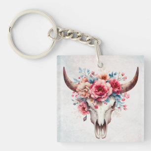 Porte-clés Boho Chic Aquarelle Florale Vache Crâne