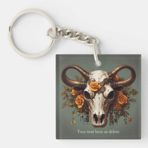 Porte-clés Boho Chic Aquarelle Steampunk Floral Vache Crâne