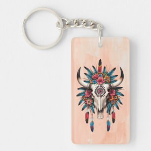 Porte-clés Boho Chic Aquarelle Tribal Floral Vache Crâne