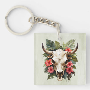 Porte-clés Boho Chic Aquarelle Tropicale Floral Vache Crâne
