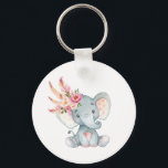 Porte-clés Boho Elephant rose Floral Porte - clés Anniversair<br><div class="desc">Une adorable aquarelle illustration d'éléphant boho avec tête-d'oeuvre fleurie et plume rose ceinturon - idéal pour baby shower / fête d'anniversaire faveurs.</div>