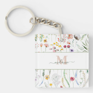 Porte-clés Boho Fleurs sauvages Nom personnalisé Monogramme