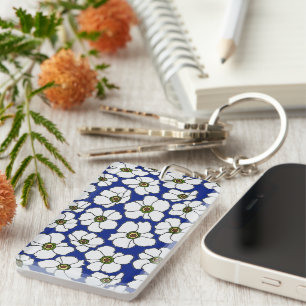 Porte-clés Boho Floral Sur Bleu Avec Nom