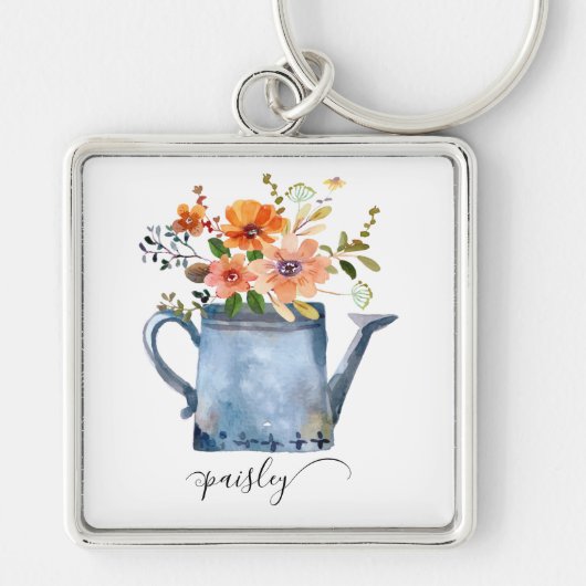 Porte-clés Boho Rust Orange Aquarelle Fleurs Arrosage Can (Devant)