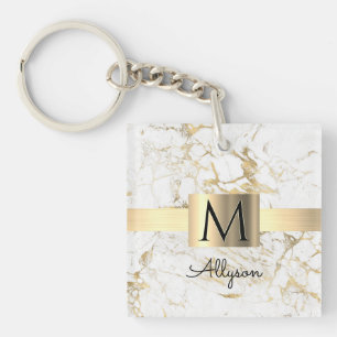 Porte-clés Boîte dorée en marbre blanc et or, monogramme de n