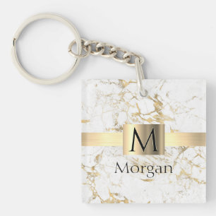 Porte-clés Boîte dorée en marbre blanc et or, monogramme de n