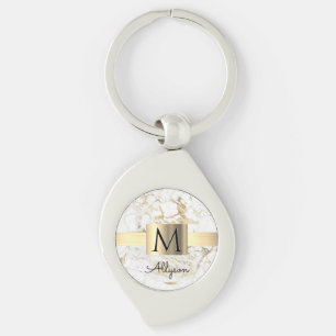 Porte-clés Boîte dorée en marbre blanc et or, monogramme noir
