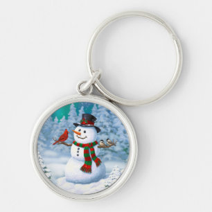 Porte-clés Bonhomme de neige joyeux de Noël & Oiseaux Scène h