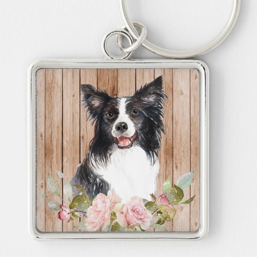 Porte-clés Border Collie & Fleurs à l'aquarelle (Devant)