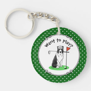 Porte-clés Bordure Collie Chien Jouer Golf (noir & blanc) Amu