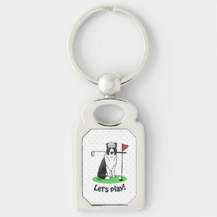 Porte-clés Bordure Collie Chien Jouer Golf (noir & blanc) Amu