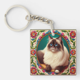 Porte-clés Bordure décorative Birman Chat Fleurs colorées