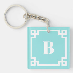 Porte-clés Bordure grecque en carré blanc monogramme bleu aqu