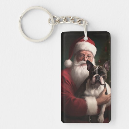 Porte-clés Boston Terrier avec Noël Festif du Père Noël (Devant)