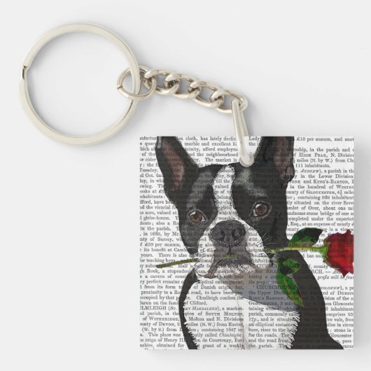 Porte-clés Boston Terrier avec Rose à la bouche (Devant)