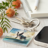 Porte-clés Boston Terrier Beach Surfing Peinture (Devant Droit)