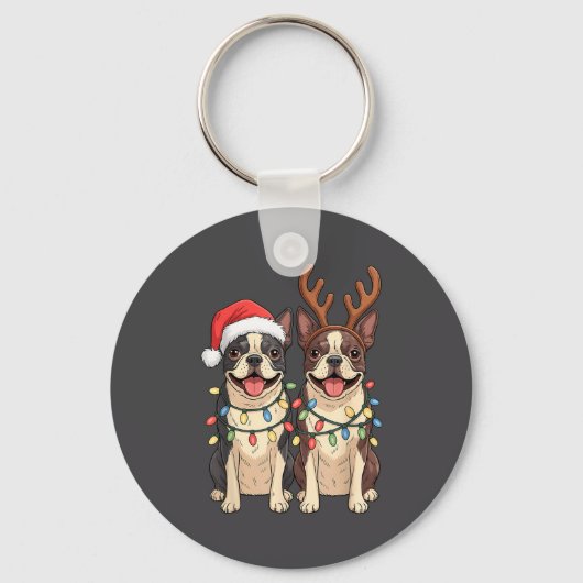 Porte-clés Boston Terrier Christmas Santa Hat Reindeer Lights (Recto)