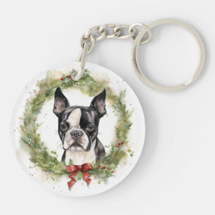 Porte-clés Boston Terrier Noël Wreath Festive Pup