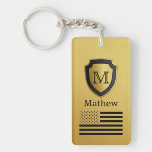 Porte-clés Bouclier d'or noir Drapeau américain Monogramme No