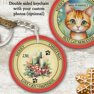 Porte-clés Bougies mignonnes Chat Noël double face