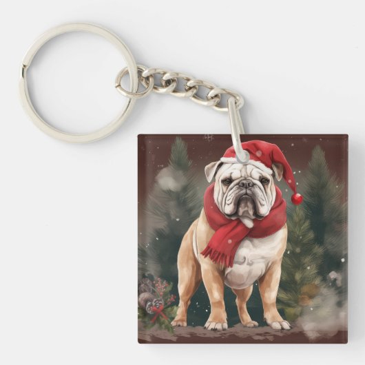 Porte-clés Bouledogue dans la neige de Noël (Devant)
