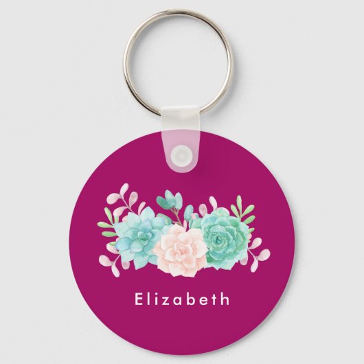 Porte-clés Bouquet de fleurs rose et vert Pastel sur Magenta  (Recto)