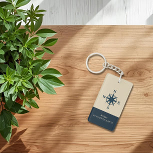 Porte-clés boussole bleu marine avec nom et coordonnées
