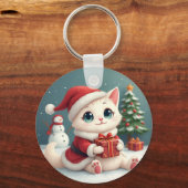 Porte-clés Bouton blanc de chat de Noël (Recto)