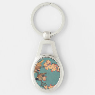 Porte-clés Bouvreuil d'Hokusai et Cerisier Fleur Vintage Oise